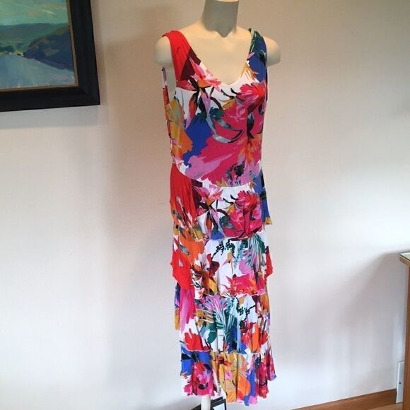 Cupio Tee shirt sleeveless ruffle midi dress Floral Pink Blue Yellow Tangerine M - Picture 1 of 9